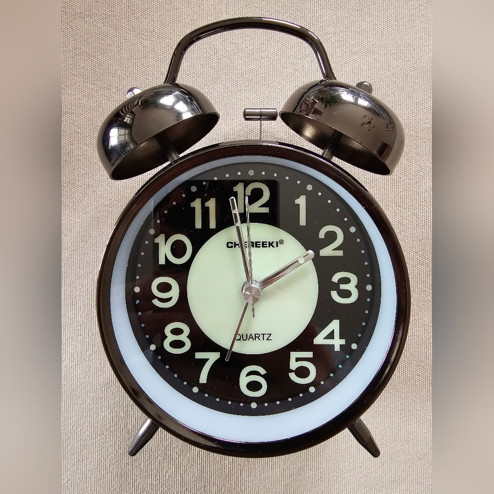 GUC Cheereki Battery Powered Twin Bell Alarm Clock Dark Gray Metallic Finish